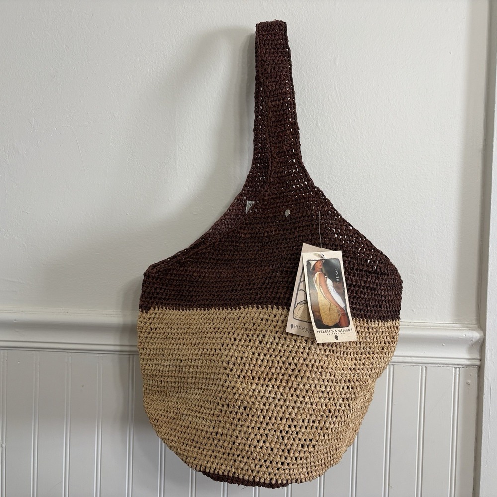 Vtg Helen Kaminski Australia Raffia Hobo Bag Two Tone Natural Straw Beach NWT